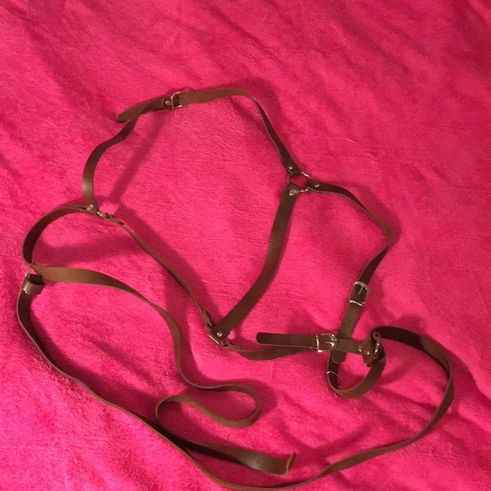 Brown Faux Leather Harness Belt with Metal Buckle Details